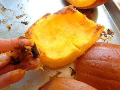 Remove any blackened tough bits of roasted pumpkin before processing.
