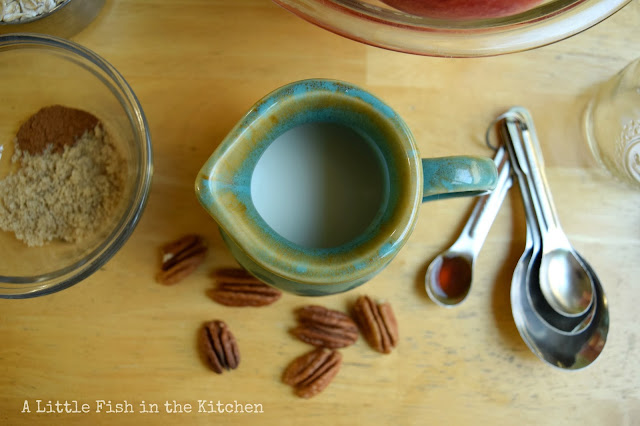 small ceramic carafe filled with milk, fresh pecans are arranged around the carafe for effect. 1/4 teaspoon measuring cup is filled with vanilla extract.