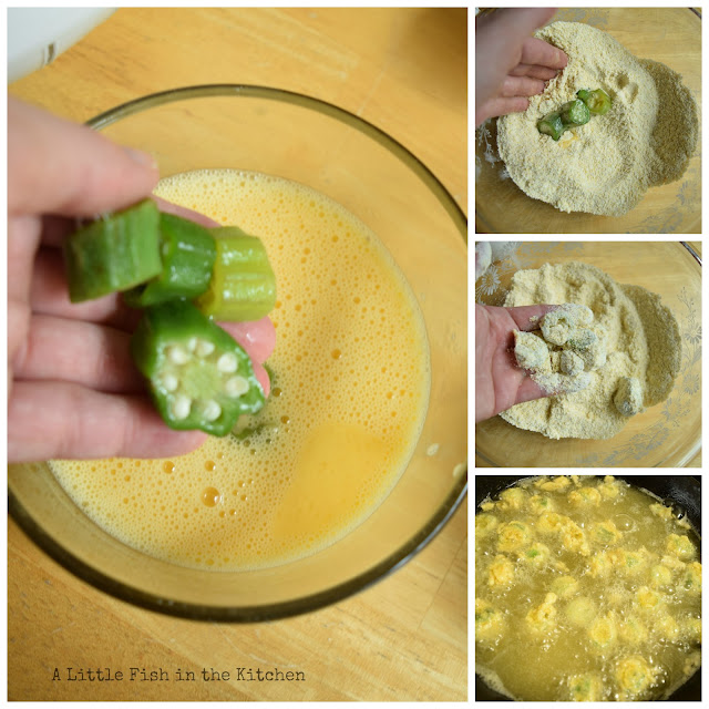 Okra is dipped into the egg wash and then gently tossed in the corn meal coating. Doing this by hand is very effective. The breaded slices of okra should be fried in oil immediately after being coated. 
