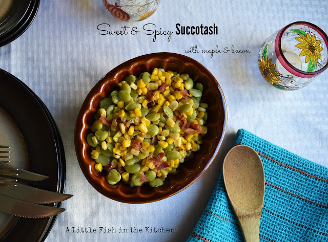 Colorful succotash with bacon is served in a brown ceramic dish with lovely scalloped edges. Golden yellow corn kernels, green Lima beans, and warmly colored bacon bits looked deliciously festive and delicious on the plate.