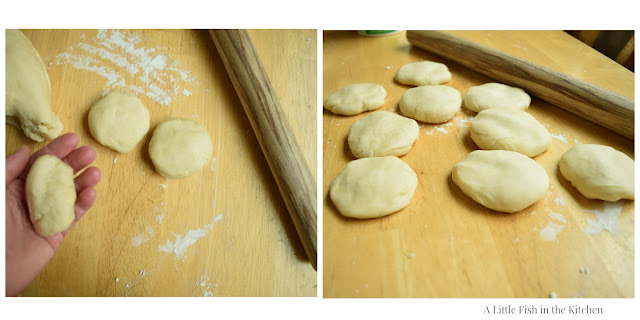 A collage of two photos shows the homemade tortilla dough separated into separate pieces and formed into small disks. 