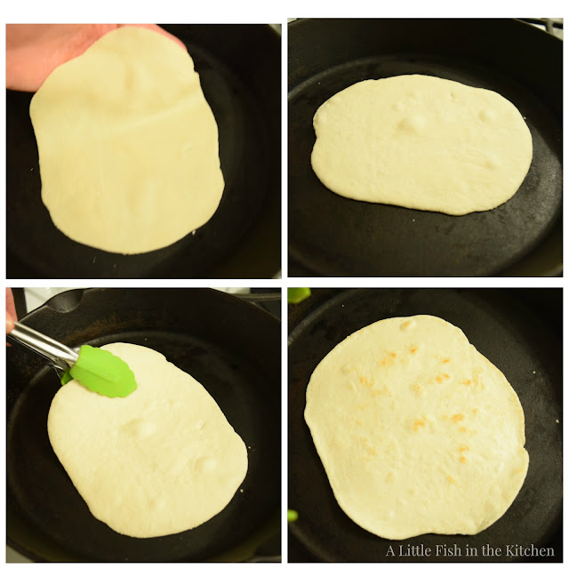 A collage of photos shows a raw tortillas placed into a hot cast iron skillet, cooked on one side, and flipped with tongs to cook the opposite side. 