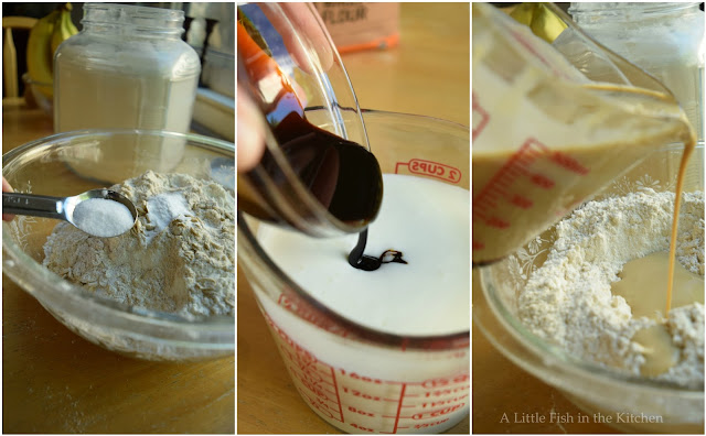 A series of three pictures in a collage show mixing the dry ingredients for the recipe, combining the molasses with buttermilk, and pouring the wet mixture into the dry ingredients to form the bread dough. 