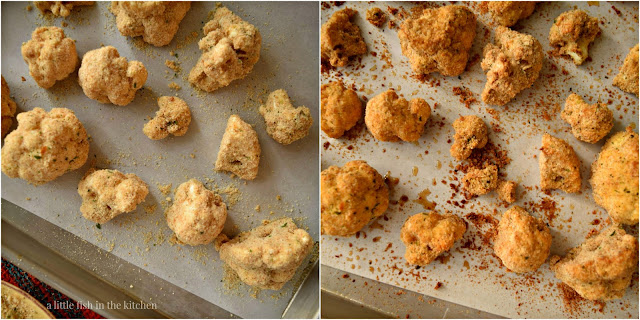 Before and after: two picture collage of a breaded cauliflower florets before and after baking. The pale bread crumbs are golden and look toasted after being baked. 