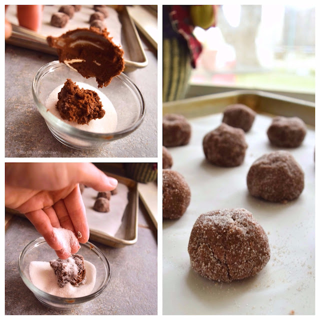 A collage of of three photos shows the cookie preparation method. Cookie dough balls are rolled in sugar to coat them and then the cookie dough balls are placed on a parchment covered baking sheet, ready to bake. 