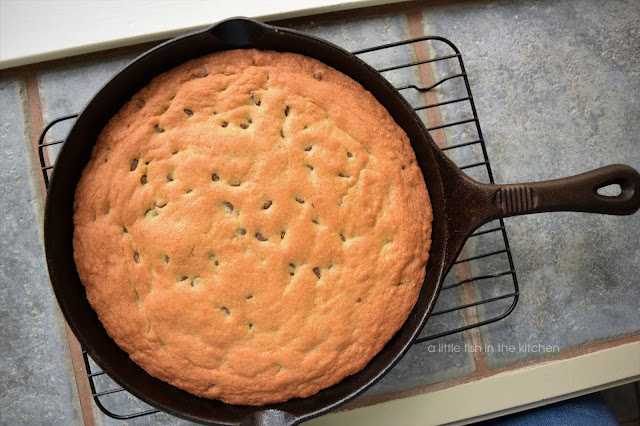 A fresh baked chocolate chip skillet cookie looks tempting as it cools on a rack.