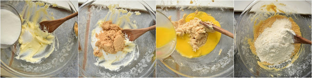 A collage of photos showing the progress of mixing ingredients together to create the cookie dough. The collage illustrates the step by step mixing instructions in the recipe card.