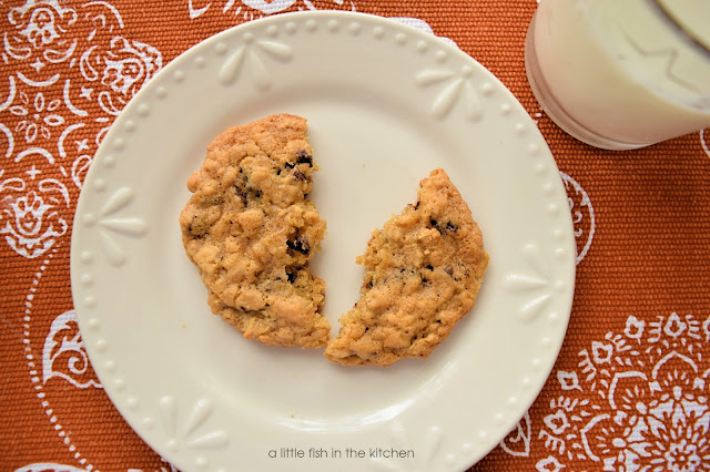 A single cookie is split in half on a white dessert plate. The cookie looks soft and tempting, bits of oats and chocolate chips are visible all over top of the cookie. 