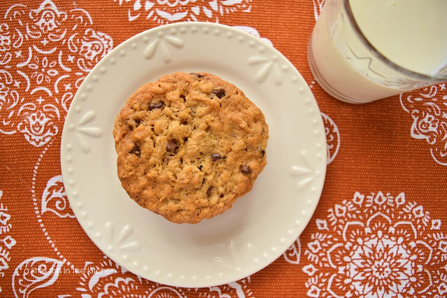 Tender oatmeal chocolate chip cookies are stacked on a small white dessert plate. The plate is on a fall themed place mat that is burnt orange with white, lacy  medallion accents. A glass of milk is next to the plate.
