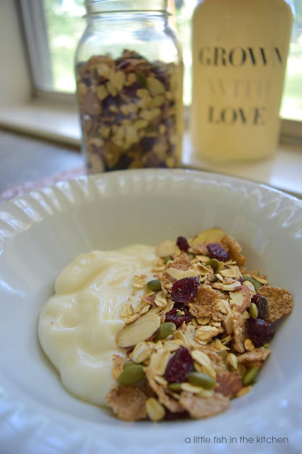 Creamy vanilla Greek yogurt is topped with a crunchy serving of homemade cranberry almond muesli. The cereal and yogurt are served in a white ceramic bowl that is sat upon a colorful cloth place mat. The place mat has floral and striped pattern with the light red, lime green and light blue and white alternating. Bits of sweet dried fruits, green pepitas and bran cereal flakes are distinguishable in the muesli mix. 
