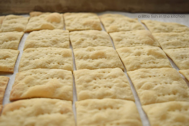 Crackers are cooling on a parchment paper-lined baking sheet. The tops of the homemade soda crackers appear crisp, lightly browned and invitingly bubbly in places. The tops are very lightly coated with table salt. 