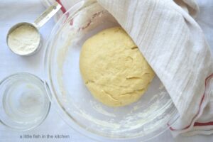 A round disk of rising bread dough is inside a clear bowl and partially covered with a white tea towel. A measuring cup with a little bit of flour and a small bowl with water are sitting beside the bowl. 