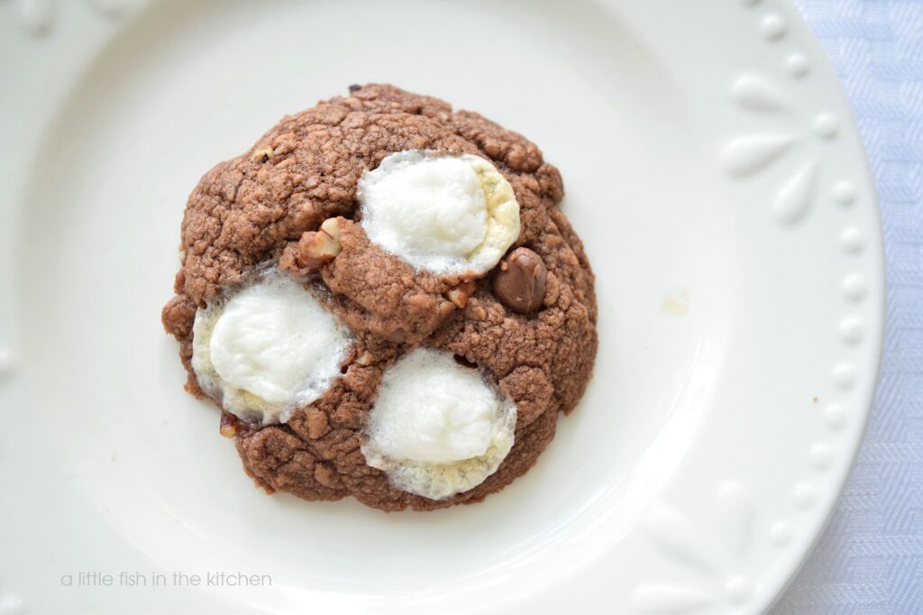 A single chocolate cookies is on white ceramic dessert plate. The melted marshmallows, chocolate chips and bits of fragrant toasted pecans are visible on top of the chewy cookie.