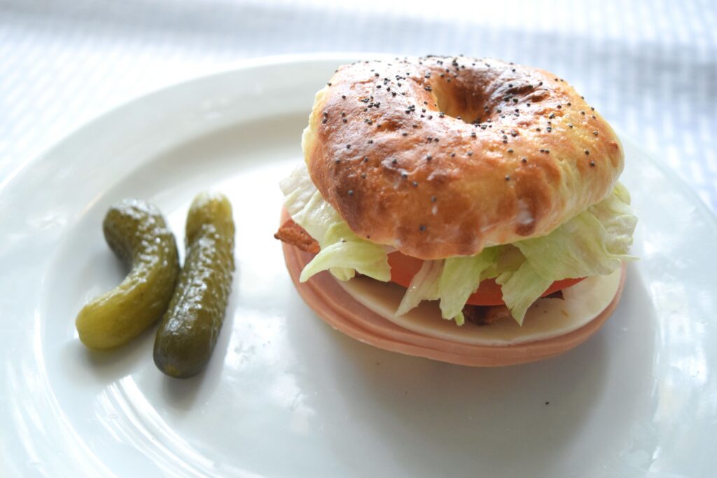 Two-ingredient bagel used to make a turkey club sandwich. 