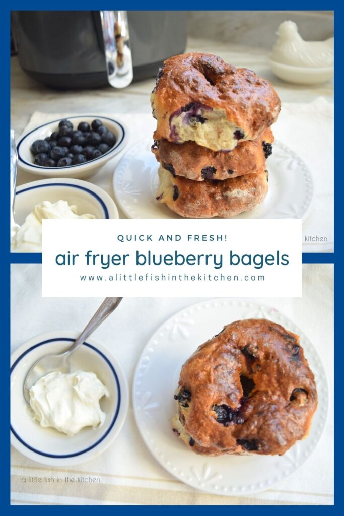 A Pin image for Air Fryer Blueberry bagels. It has one picture of the stack of blueberry bagels from the side (same as the first image above) and a second image of one blueberry bagel from the top (same as the third image in the post.  The recipe title is inside a white banner between the pictures. 