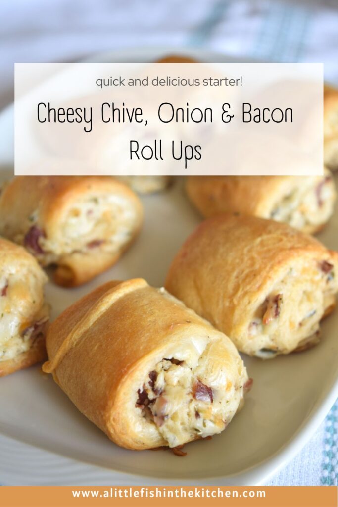 Cheesy chive, onion and bacon roll up image for Pinterest. 