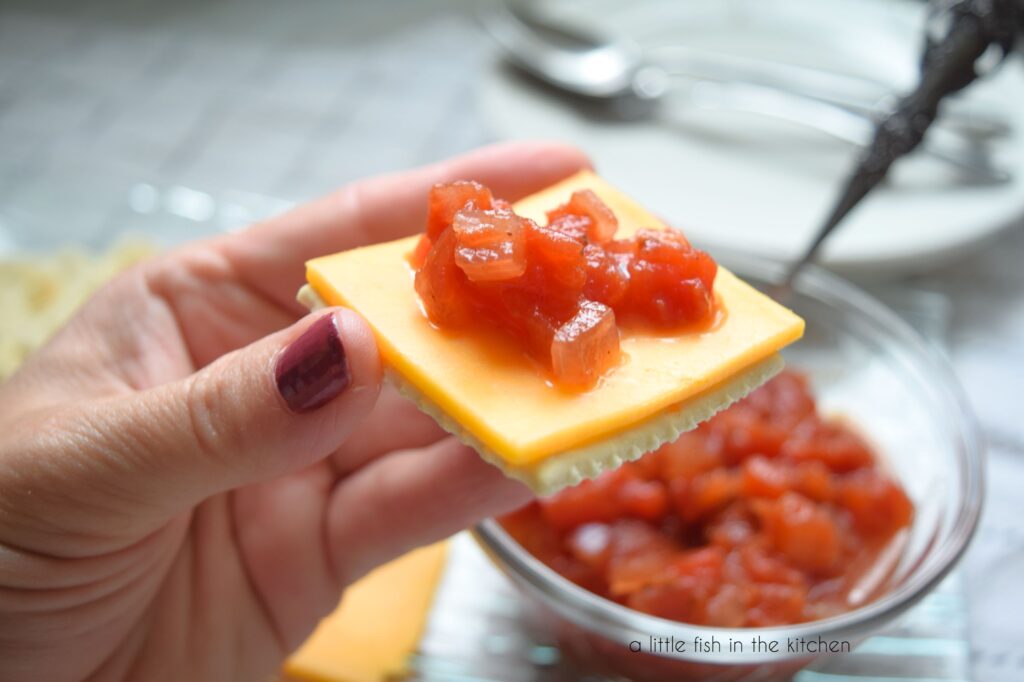 A hand is holding a saltine cracker topped with a slice of yellow cheese and a serving of dark read tomato chutney. It is a close up shot of the cracker and it's toppings. The bowl of chutney is slighly blurred in the background.
