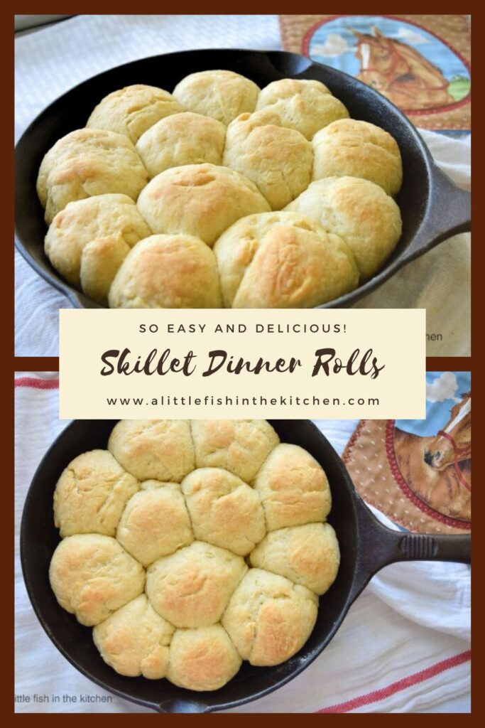 Pin image for Skillet Dinner Rolls. There are two similar pictures featured. Both show the full batch of twelve dinner rolls in the black cast iron skillet and the pot holder with the print of a horse and blue sky. The recipe title and the name of this website on printed on an ivory over lay between the pictures. 