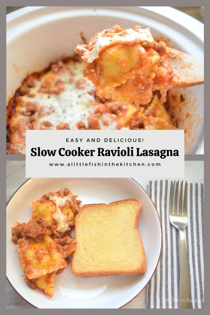 Pin image for Slow Cooker Ravioli Lasagna. 