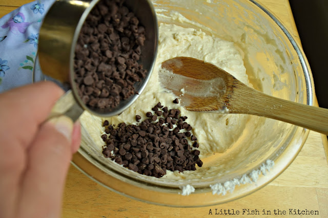 One half cup of mini chocolate chips is poured into the rich sour cream muffin batter. 