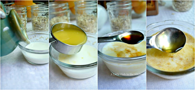 A series of four photos in a collage show the wet ingredients for this overnight oats recipes. Milk, orange juice, vanilla extract, and honey are combined in a small glass prep bowl.