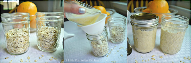 A series of three photos in a collage show oats and spices in two small mason jars and the liquid being poured through a funnel into the jar.