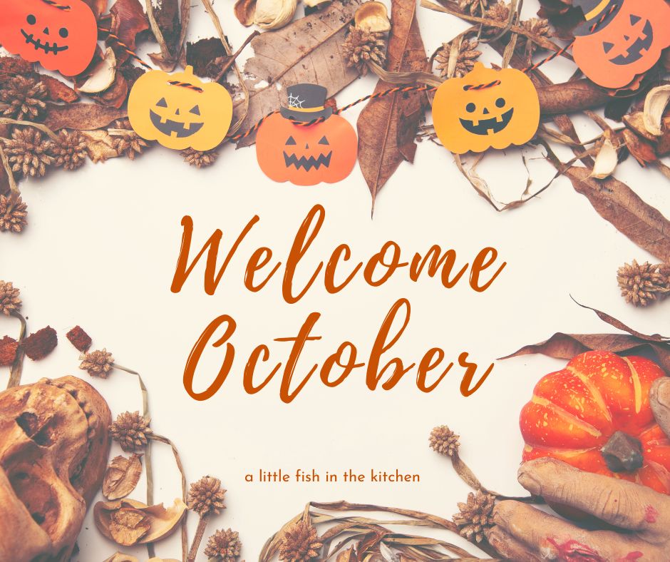 The words "Welcome October" written in a warm orange color framed in images of of pumpkins, jack' o lanterns, decorative dried leaves.