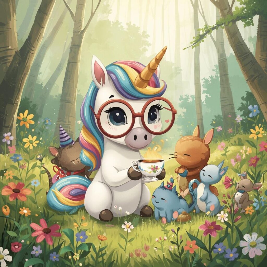 AI generated image of a cute unicorn with a rainbow mane and tail, golden horn and pink spectacles holding a cup of tea. The unicorn sits in a spring forest with fresh, multi colored flowers blooming and tall tree. The unicorn is sitting with friendly forest animals surroundin her: a cute brown bunnie, a small grey cat, and another cute small grey bunny.