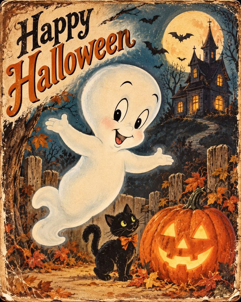 Caspar the friendly ghost inspired graphic photo with a greeting: Happy Halloween!